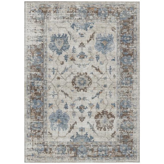 HomeRoots 627887 3 x 5 ft. Beige & Blue Floral Washable Traditional Indoor & Outdoor Rectangle Area Rug