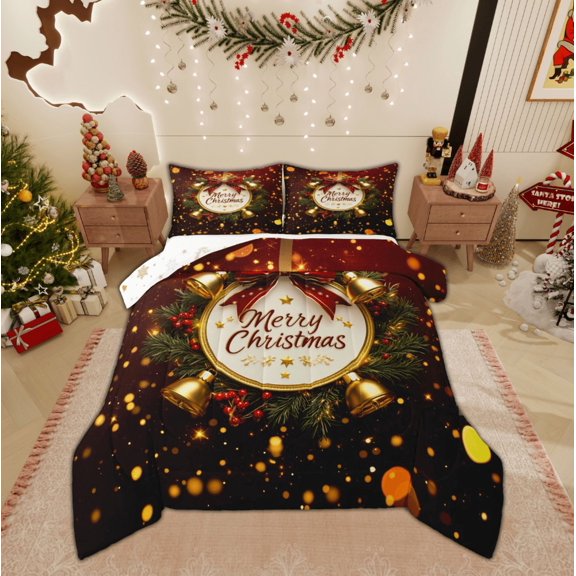Feelyou Merry Christmas 01, Gold Bell Twin Comforter Sets, Glitter Stars Dots Print Reversible Bedding Set, Lightweight Room Decor,2-Piece