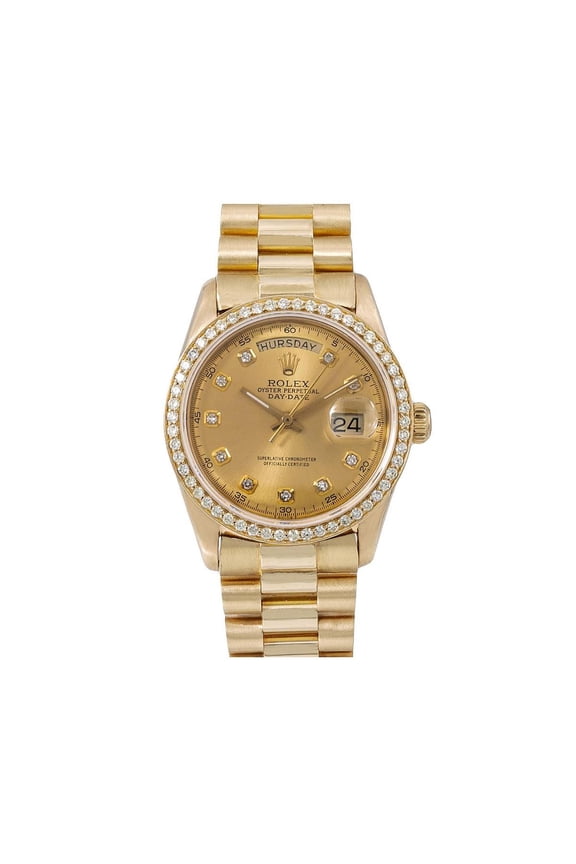 Pre-Owned Rolex Day-Date 36MM 1803 Champagne Diamond Dial Diamond Bezel 18K Yellow Gold President Bracelet 1.2ct