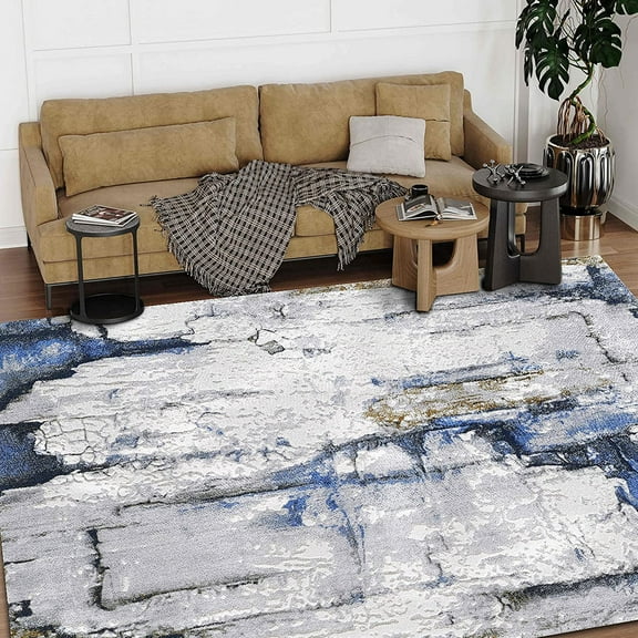 HR Abstract Rugs Boho abrash Rugs Arctic Theme Gold Gray Navy Blue Bone and Multi Color Luxury Livingroom Carpet Thick Pile and Ultra Soft Non-Shedding Rug