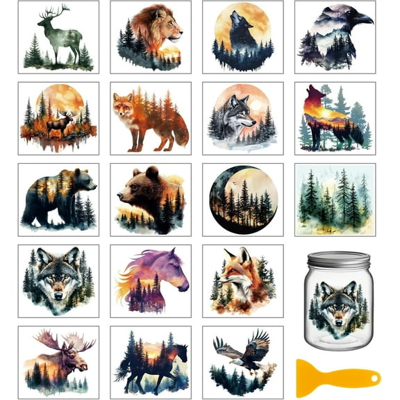 18 Sheets Forest Animals Transfer Stickers 3.9x3.6inch Bear Deer Colorful Transfer Decal Fox Lion Rub on Transfer for Furniture Vase Glass Art Crafts Decorations Mixed Color