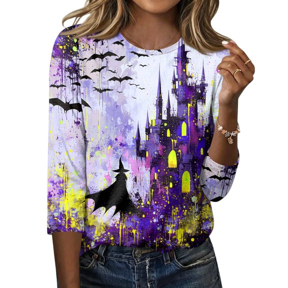 Halloween Shirts Women Funny 3/4 Sleeve Pullover Horror Castle Witch Printed Tops Spooky Crew Neck T Shirts Holiday Three Quarter Length Blouses, 4XL