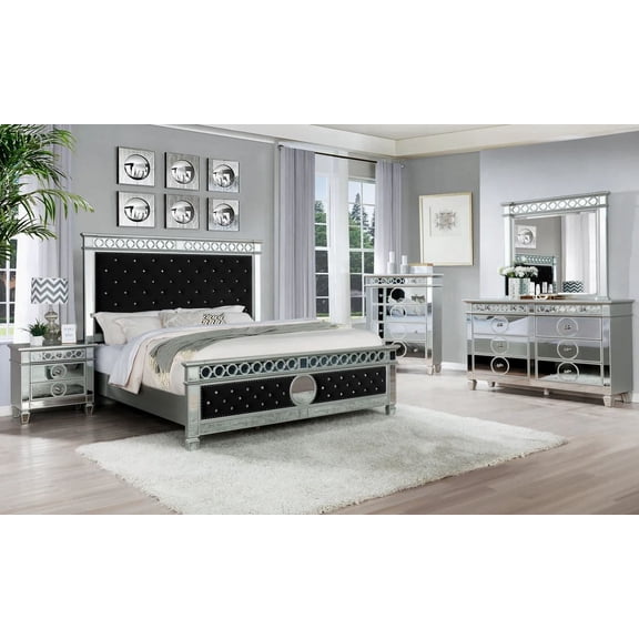 Bella 5 Piece Queen Black Velvet Upholstered Mirrored Bedroom Set