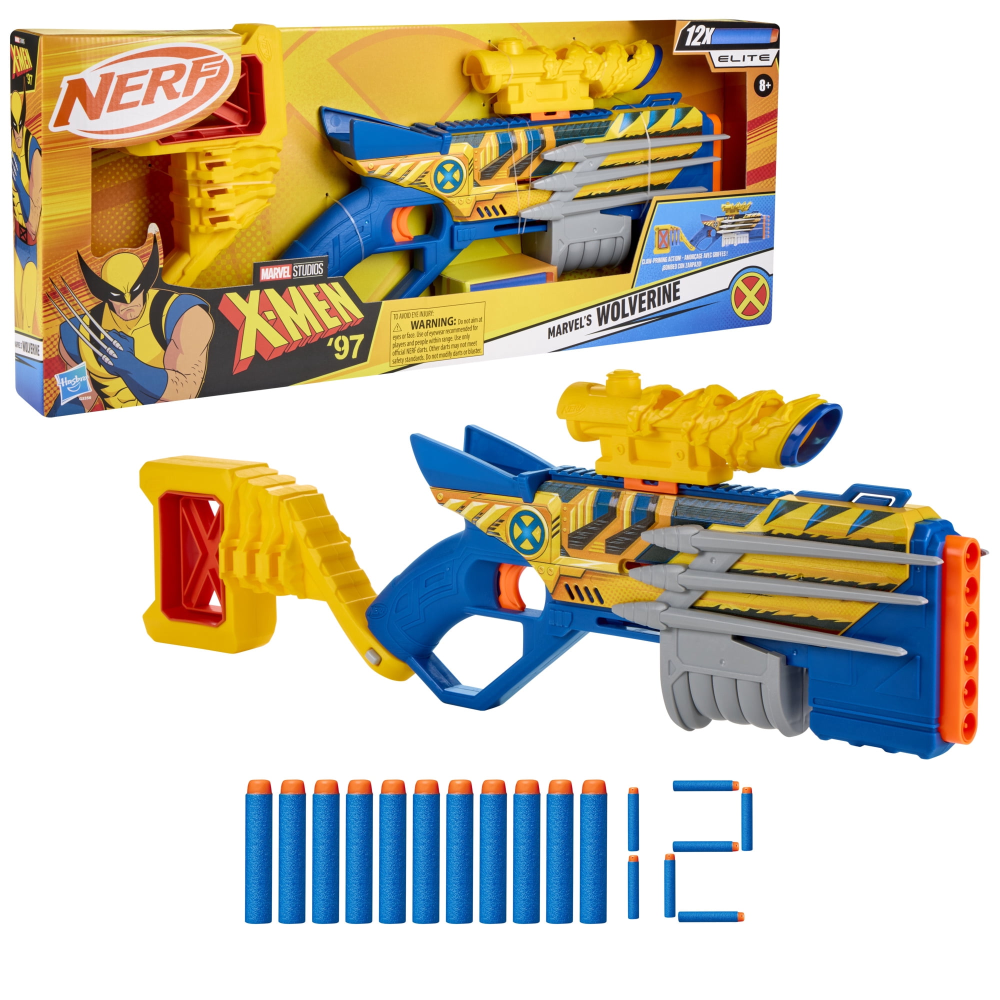 Nerf Marvel Wolverine Blaster with Scope & Dart Storage, 12 Nerf Elite Darts, Birthday Gifts, 8+