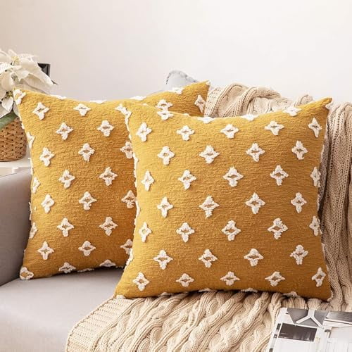 Set of 2 Decorative Throw Pillow Covers Rhombic Jacquard Pillowcase Fall Soft Square Cushion Case for Couch Sofa Bed Bedroom Living Room, 16x16 Inch, Yellow