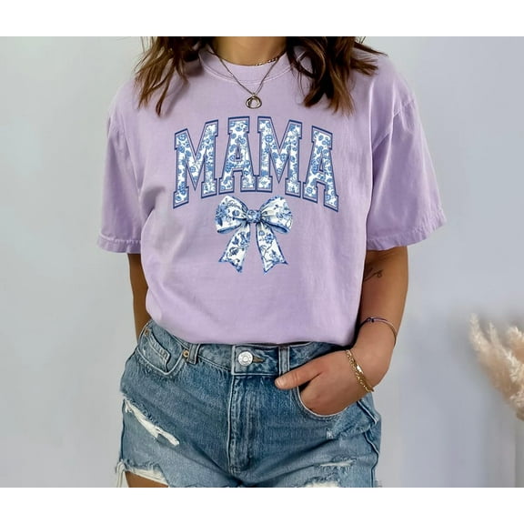, Chinoiserie Mama Shirt, Mother'S Day Gift For Mom, Cute Mom Shirt, Toile Bow Shirt, Chinoiserie Blue Ribbon Shirt