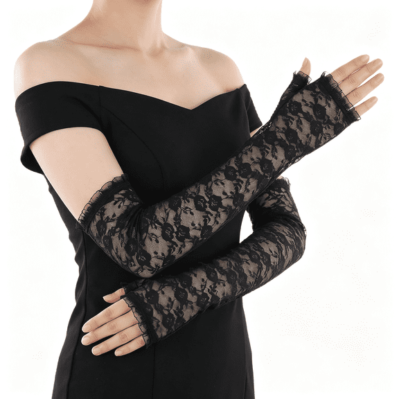 XIBUFE Floral Lace Fingerless Gloves for Women, Long Length Lace Sleeve | Wedding Tea Party Accessories, Black Vintage Crochet Gloves for Evening Dress Bridallace Glove