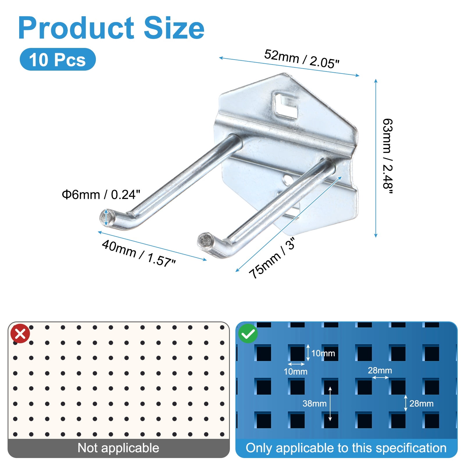 Uxcell 10Pcs Metal Square Peg Board Hooks, 3" Heavy Duty Square Hole Peg Hook for 3/8" Spaced Pegboards, Silver