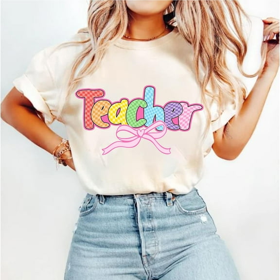 Hoppy Teacher Easter Shirt, Checkered Coquette Bow Easter Tee, Preppy Spring Teacher Shirt, Cute Easter Outfit for Women or Educators