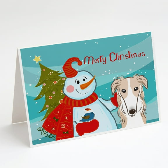 Snowman with Borzoi Greeting Cards and Envelopes Pack of 8