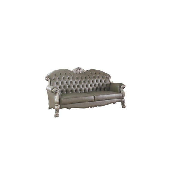 96" Vintage Bone Faux Leather And White Sofa With Five Toss Pillows
