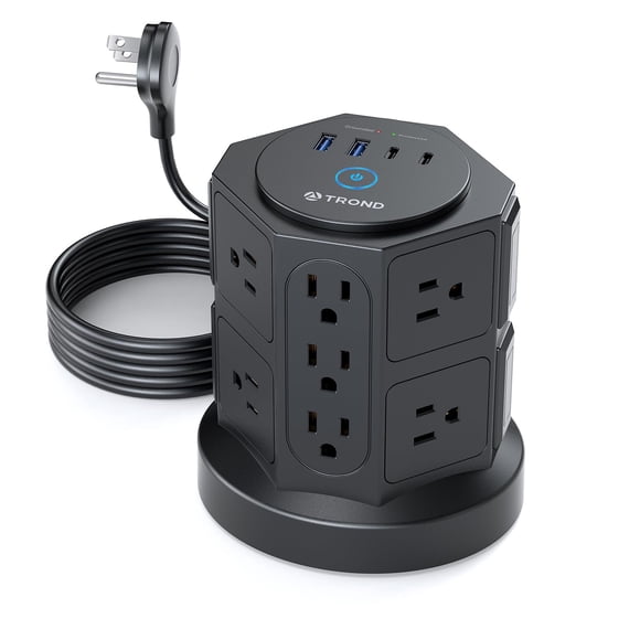 TROND Tower Power Bar Surge Protector with USB C, 14 Widely Spaced Outlets, 6ft Flat Plug Extension Cord Indoor, Vertical Desktop Charging