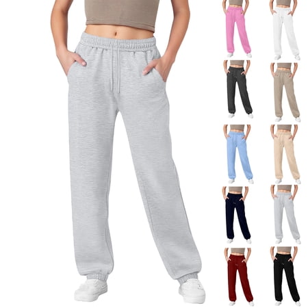 Yoga Pants for Women Elastic Drawstring Mid Waist Straight Wide Leg Soft Casual Walking Workout Pants with Pockets Black 2XL