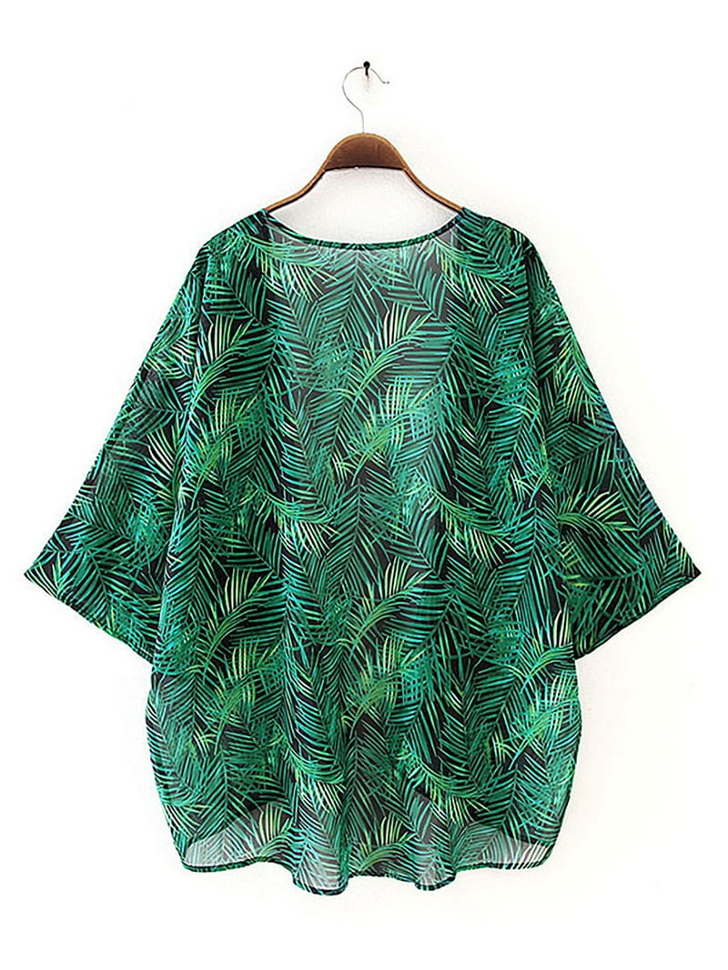 Beach Flowy Kimono Cardigan Summer Puff Sleeve Bikini Cover Up Casual Leopard Print Blouse Kaftan -