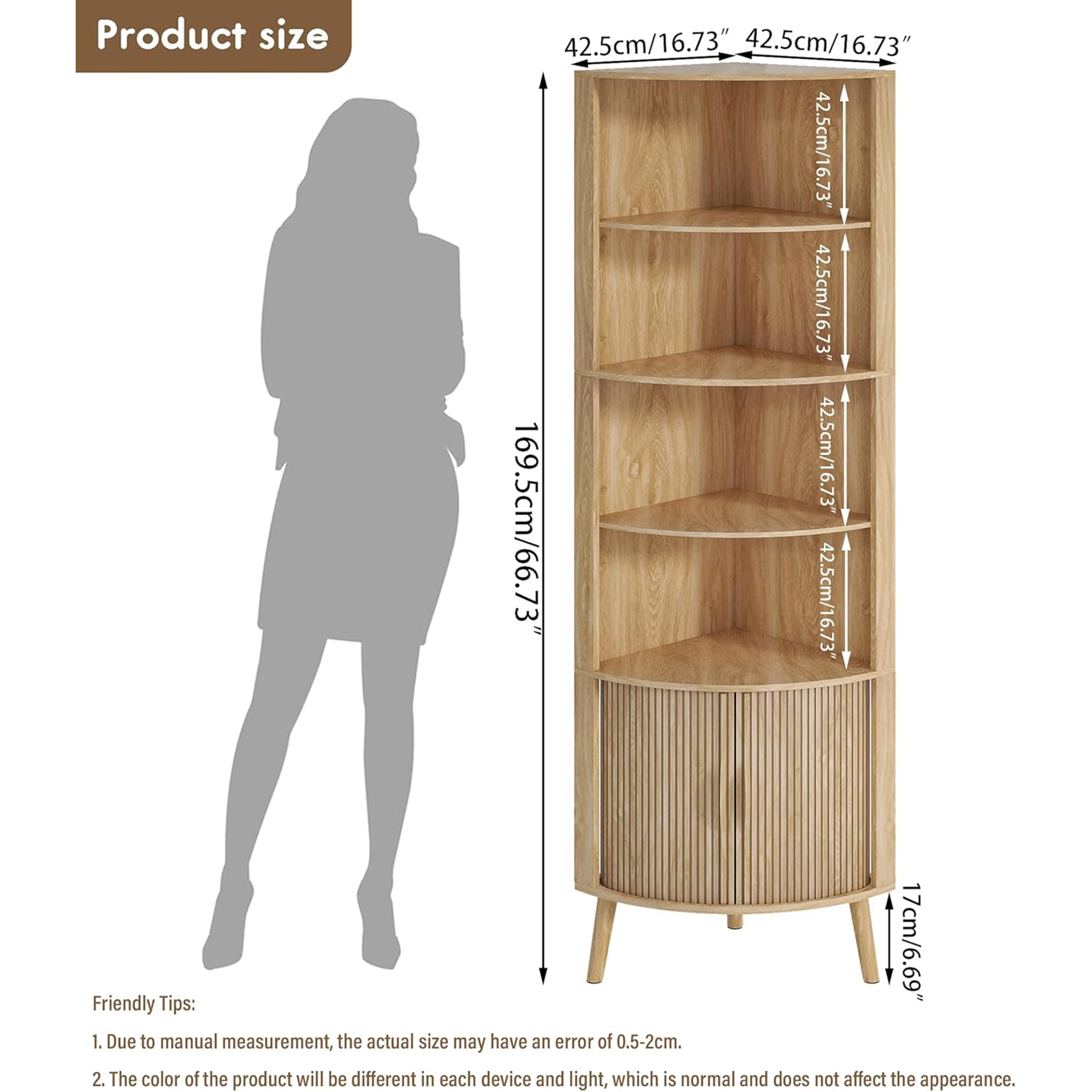Bathroom Tall Corner Cabinet with Doors, Freestanding Corner Storage Cabinet for Kitchen, Living Room, Walnut