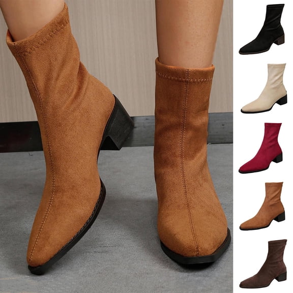 Women Pointed Toe Block Mid Heel Ankle Boots Faux Suede Fashion Winter Short Boots Solid Color Versatile Indoor Outdoor Daily Casual Boots US Size 4.5 To 8.5 Wine