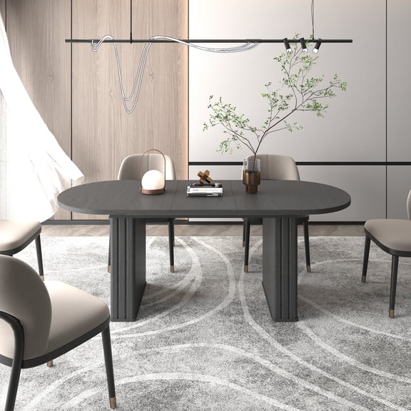 Kitchen extendable dining table for 4-8 people, oval kitchen table with wooden strip base for family living room (black)