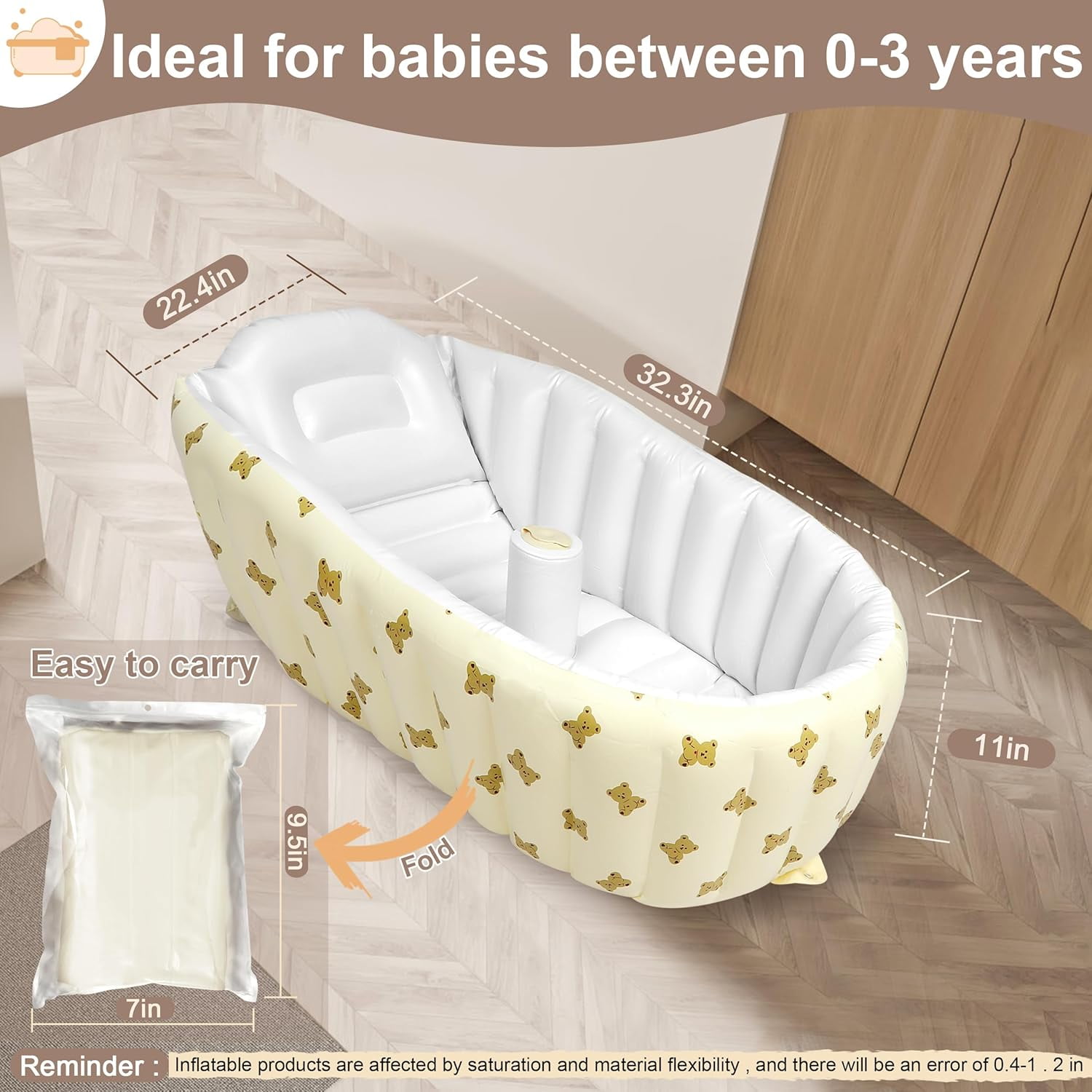 DEACOWER Inflatable Baby Bathtub for Newborn to Toddler, Portable Baby Tub with Built-in Air Pump, Collapsible Shower Basin for Easy Storage