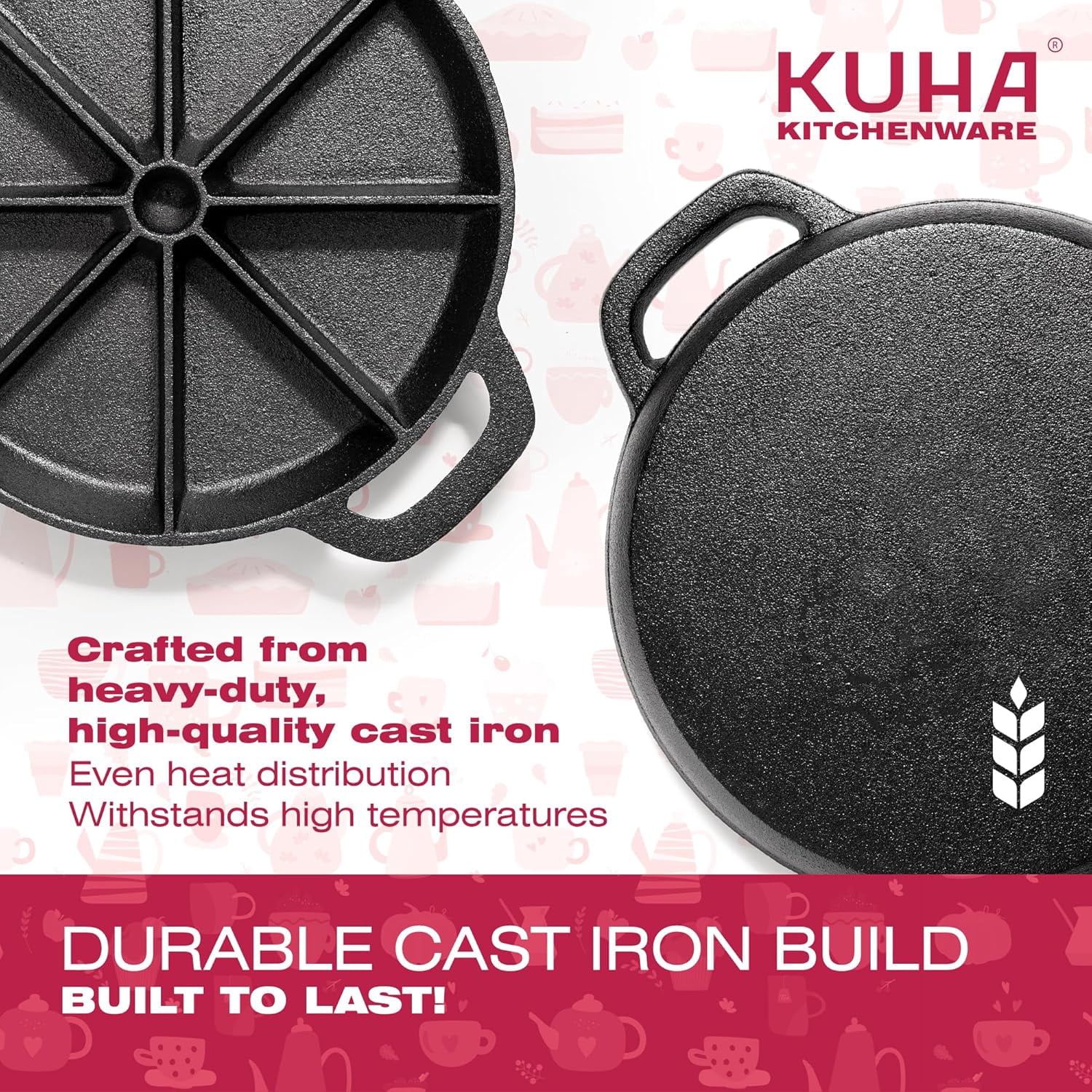 Cast Iron Scone Pan with 8-Slot Design for Baking, Cornbread & More - Includes Oven Mitts, Trivet & Oil Brush