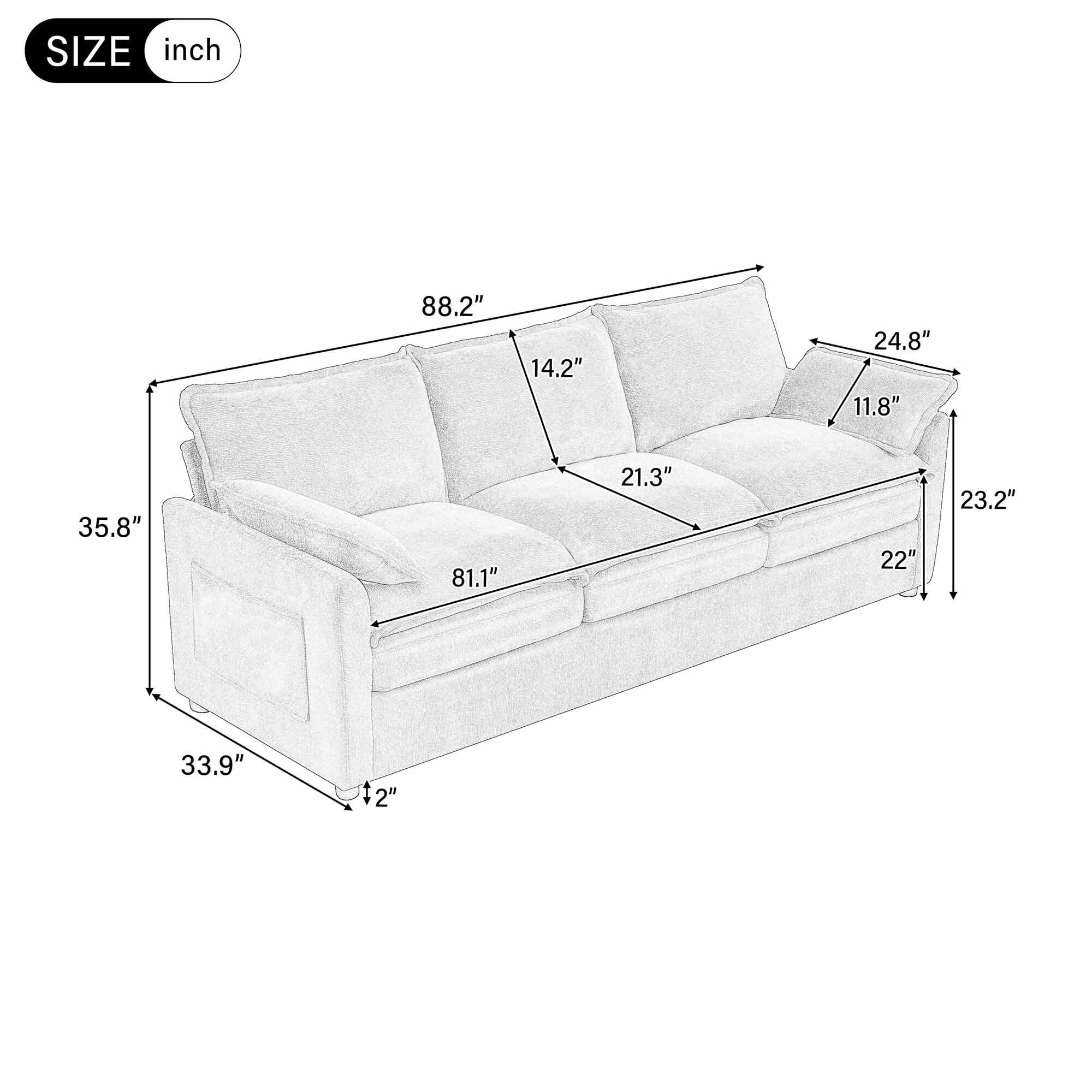 Lunale 3-Seater Sofa with Storage Pockets, Modern Cloud Couch for Living Room, Green Chenille