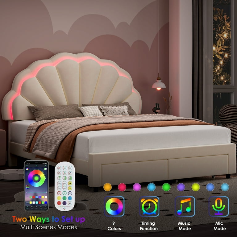 Homfa Beige Queen Bed Frame with Storage Drawers