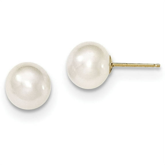 Primal Gold 14 Karat Yellow Gold 8-9mm White Round Freshwater Cultured Pearl Stud Earrings