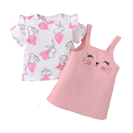 

Baby Girls Outfits Rabbit Print Ruffle Sleeve Shirt Suspender Skirts 2PCS Clothes Set Pink 6-9 Months