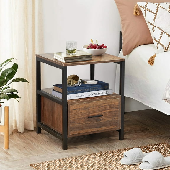 VECELO 2 Tiers Nightstand with Drawer, Square End Side Table for Hallway, Bedroom, Living Room, Small Space, Night Stand with Open Shelf, Brown