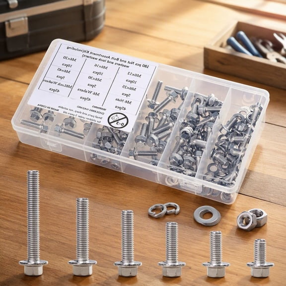 180-Piece M6 Flange Hex Bolt and Nut Assortment Kit, Stainless Steel Metric Flange Fasteners, Lengths 12mm to 45mm