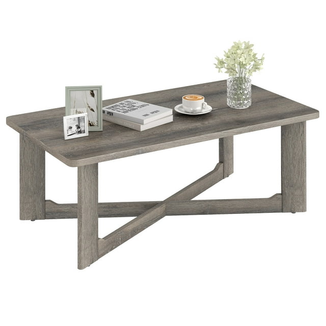 Gymax Coffee Table Solid Rubber Wood Center Table w/ X-Shaped Base for Living Room
