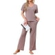 thumbnail image 2 of Conjunto de pijama para mujer INSPIRE CHIC, de dos piezas, con parte superior de manga corta de punto acanalado y pantalones con abertura lateral, con bolsillos, 2XL, morado, 2 of 5