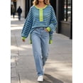 thumbnail image 3 of Womens Oversized Color Block Striped Sweatshirts Henley Shirts Casual Pullover Waffle Knit Tops, 3 of 5
