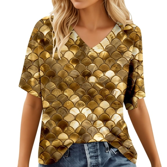 Active Tops Women Casual Short Sleeve V Neck Scale Print T Shirt for Daily Wear and Outings Versatile Blouse Top in Lightweight Knit with Modern Pattern Gold XXL
