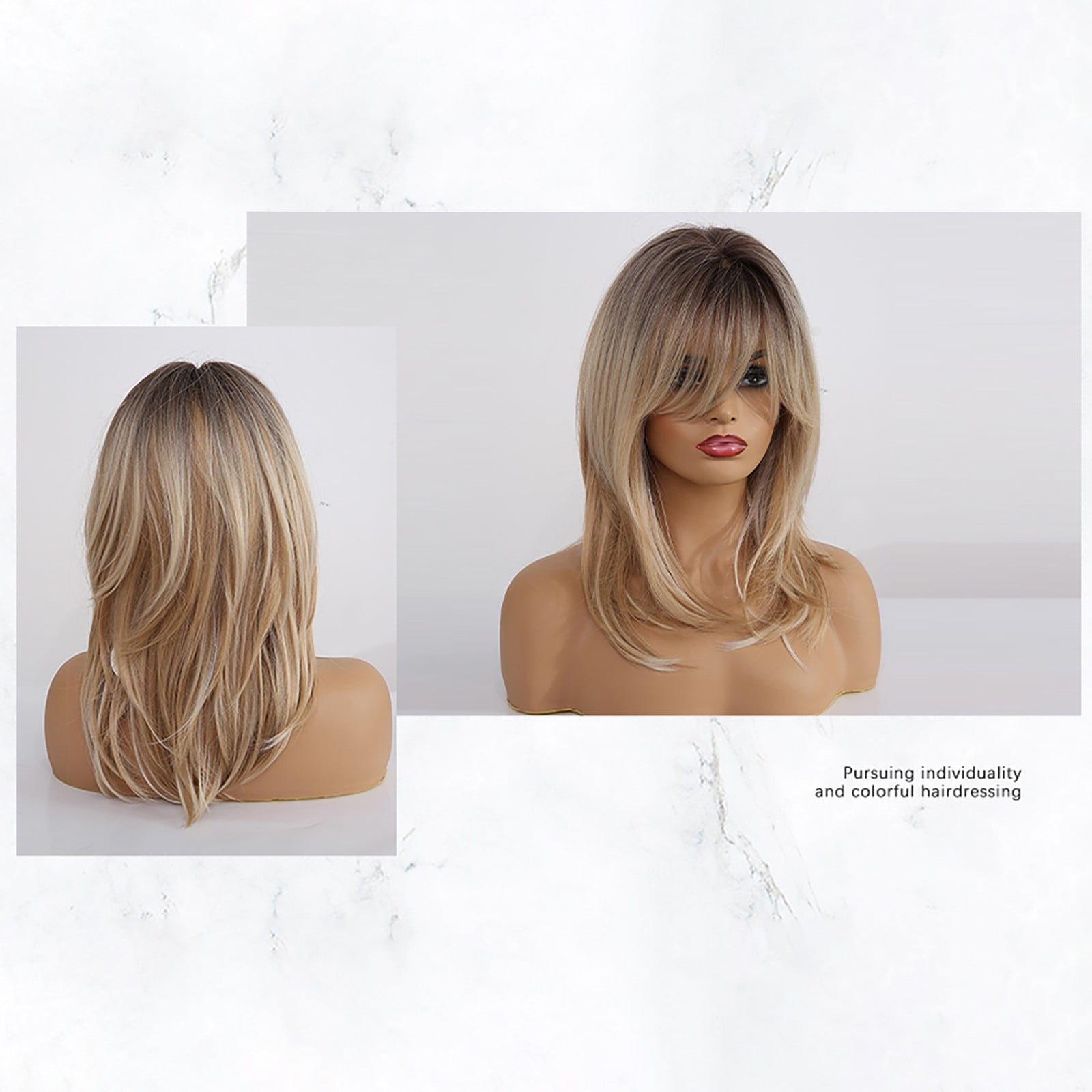 Brown Mixed Natural Blonde Wavy Ombre Synthetic Hair Wigs With Bangs For Women