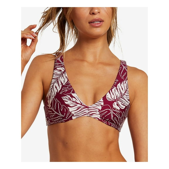 VOLCOM Women's Burgundy Palm Print Stretch Lined Hook-Back Deep V Neck Palm Squad Swimsuit Top S