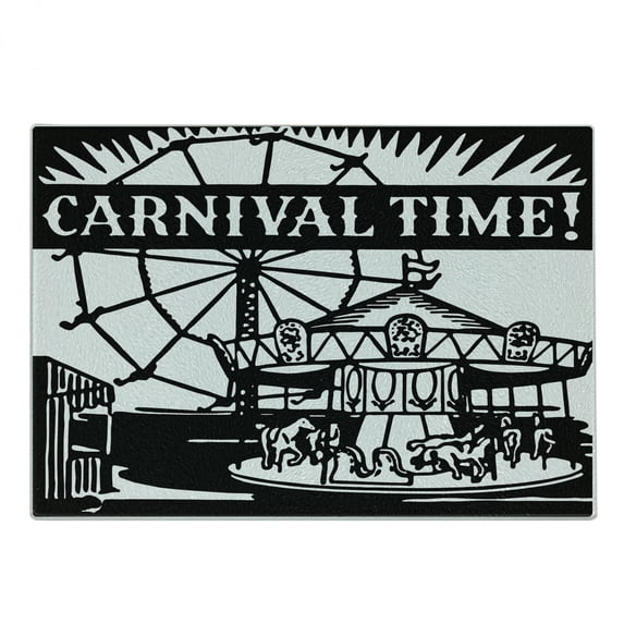 Ferris Wheel Cutting Board, Monochrome of Carousel and Other Ride with Carnival Time Words, Decorative Tempered Glass Cutting and Serving Board, in 3 Sizes, by Ambesonne