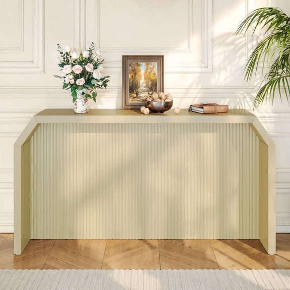 Techmilly 55.9" Fluted Sofa Console Table Behind Couch, Modern Vintage Fluted Entryway Table for Living Room, Hallway,Entry,Light Natural Wood