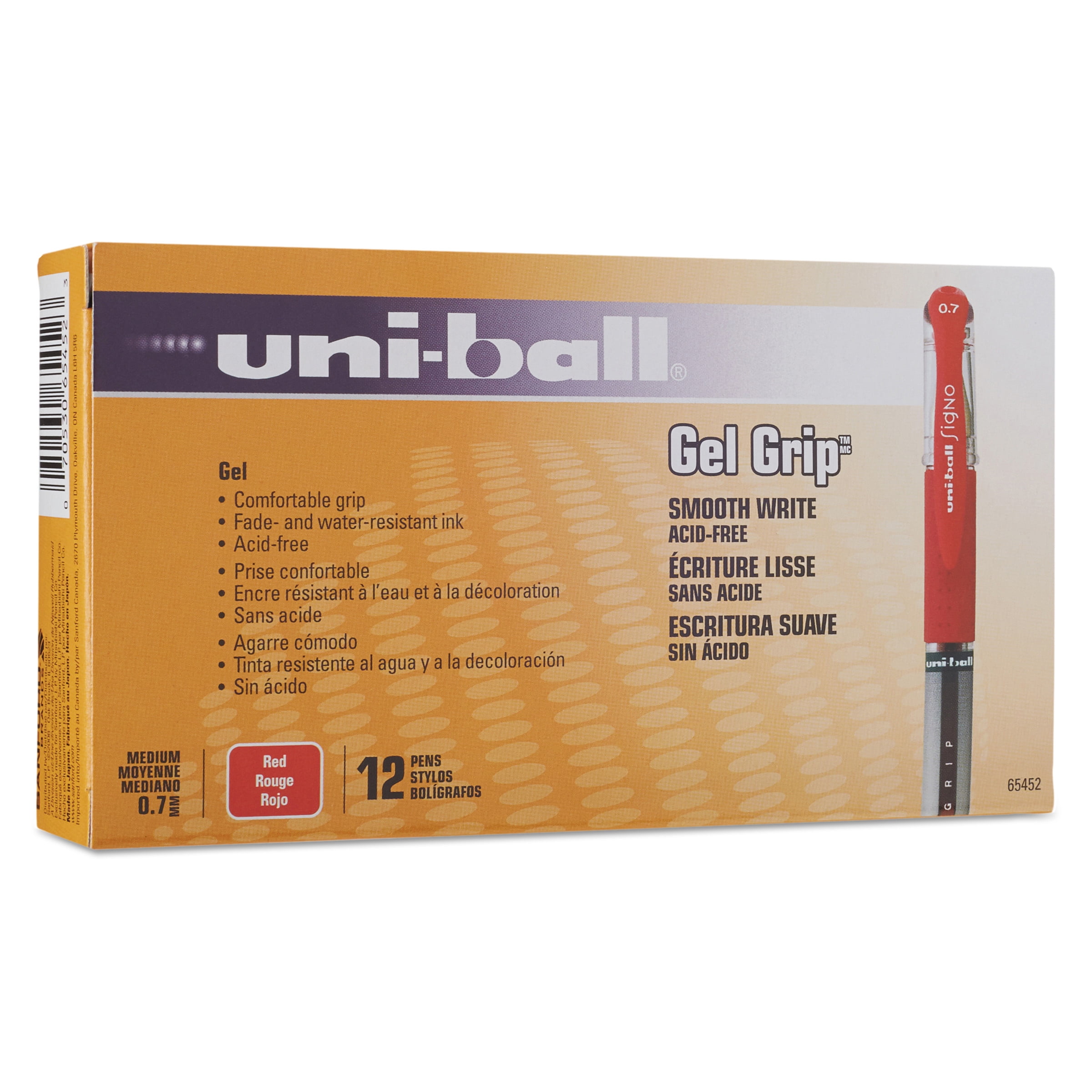 uni-ball Signo Gel GRIP Roller Ball Stick Gel Pen, Red Ink, Medium, Dozen -SAN65452