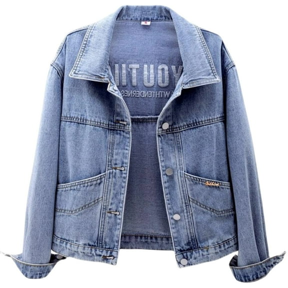 Sexlip Womens Jean Jacket Basic Trendy Long Sleeve Denim Jackets Button Down Fitted Trucker Shacket with Pockets Blue XL