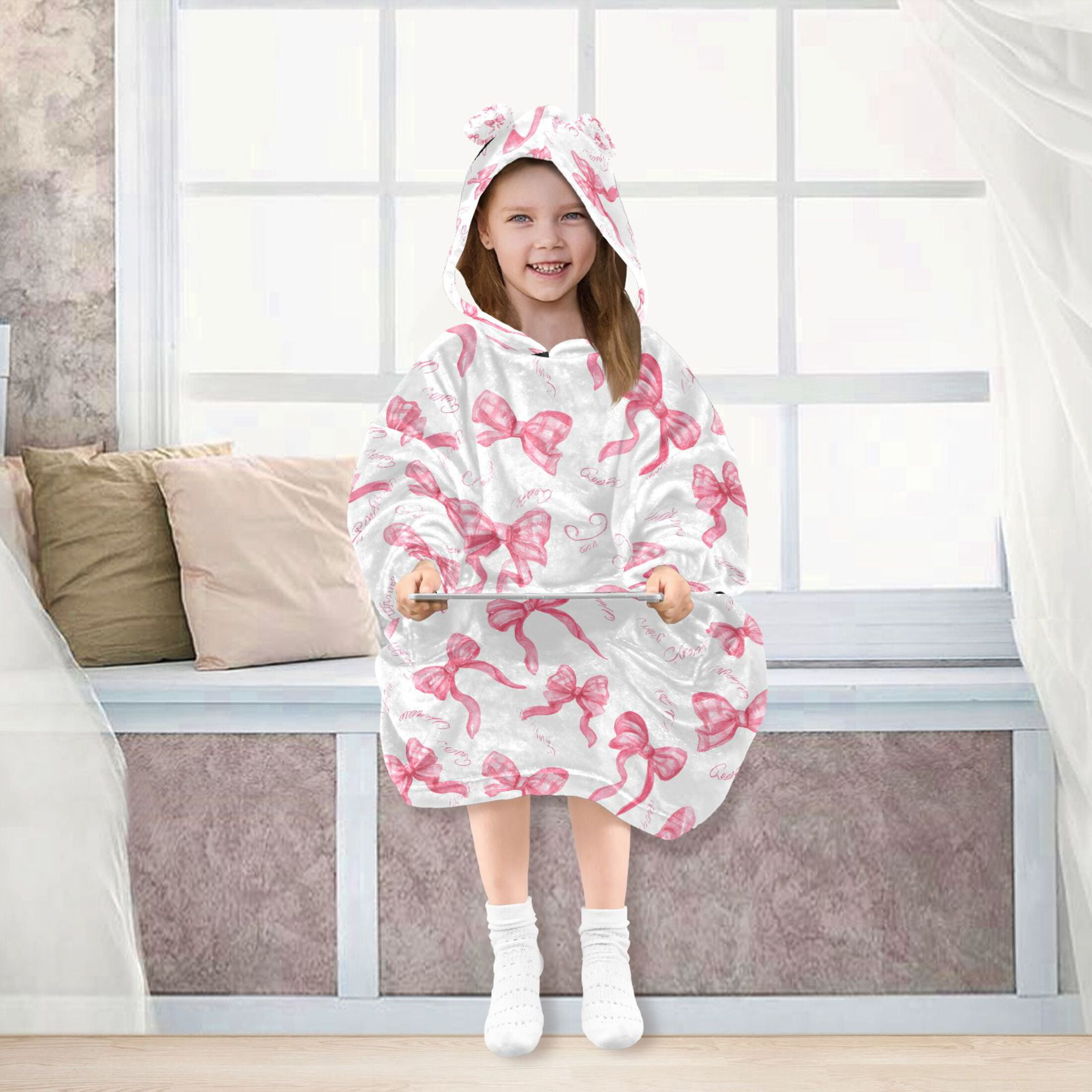 joogoo Wearable Blanket Hoodie for Pink Bows Flannel Sherpa Pocket 3-14 YR S