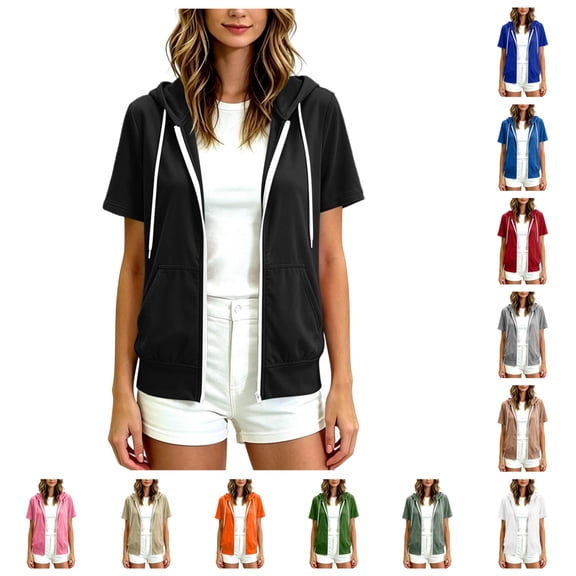 vzibsiv Womens Short Sleeve Zip Up Hoodie Casual Summer Top For Women,Black L