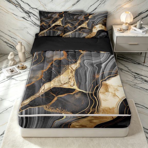 Erosebridal Gray Gold Marbling Zipper Twin Comforter Sets with Fitted Sheet and 2 Pillowcases for Women Men, Fashion Marble Ombre Zipper Bedding Set, Black Reversible, 4-Piece