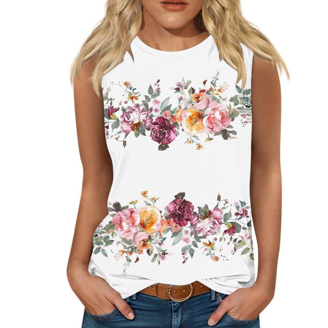 Snorda Débardeurs pour Femmes Grande Taille Mode Féminine Décontractée Été Imprimé Sans Manches Col Rond Haut Blouse Débardeur P-5TG