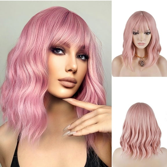 SUCS 14'' Pink Wig Women Girls Short Curly Bob Wig Lovely Pink Wig with Bangs with Wig Cap