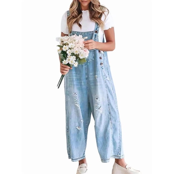 Women Loose Adjustable Strap Denim Bib Overall Jeans Distressed Wide Leg Baggy Overalls Jumpsuit Light Blue S