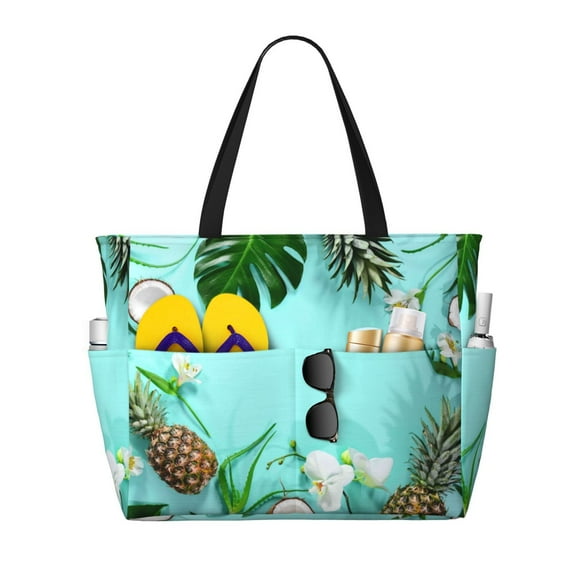 Pofeuu Tropical Pineapple Print Beach Bag,Waterproof Sandproof Beach Tote Bag, Large Capacity Foldable Beach Bags for Women