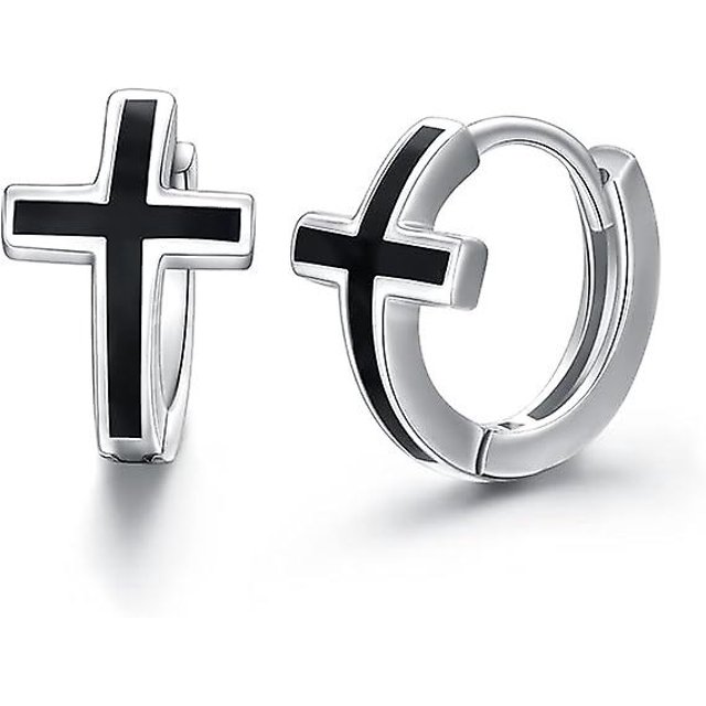 Pendientes de aro con forma de cruz de plata de ley hipoalergénicos para hombres y mujeres