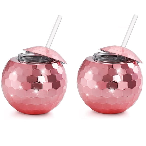 Disco Ball Cups, 20Oz Disco Party Cups with Lid and Reusable Straw Flash Ball Cocktail Cup for Party Nightclub Bar (Pink)