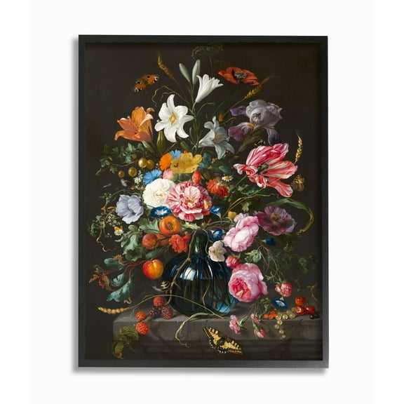 Stupell Industries Elegant Floral Bouquet Butterfly and Fruit Details Framed Wall Art Design by Ziwei Li, 24" x 30", Black Framed