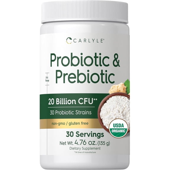 Probiotic and Prebiotic Powder | 20 Billion CFU | 4.76 oz | Organic Fiber Blend | by Carlyle